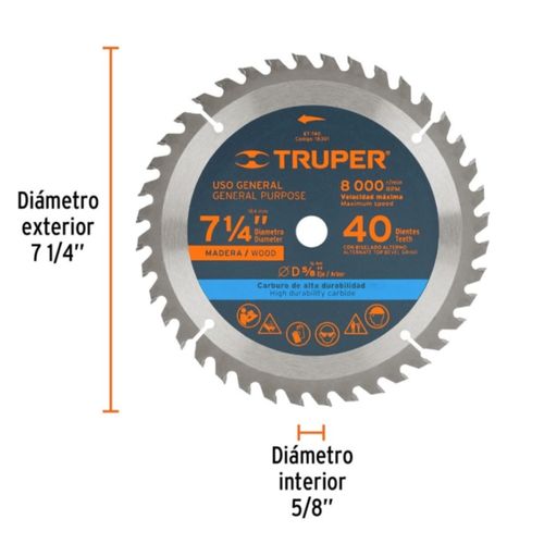 Disco Sierra 7- 1/4" Para Madera, 40 Dientes Centro 5/8"