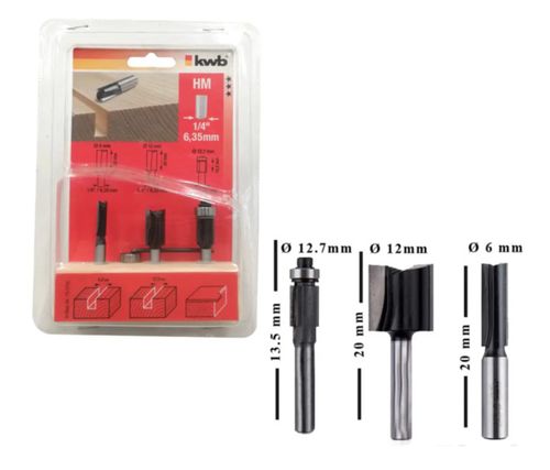 Set 3 Fresas Rectas 1/4"  6,12 Y 12.7Mm