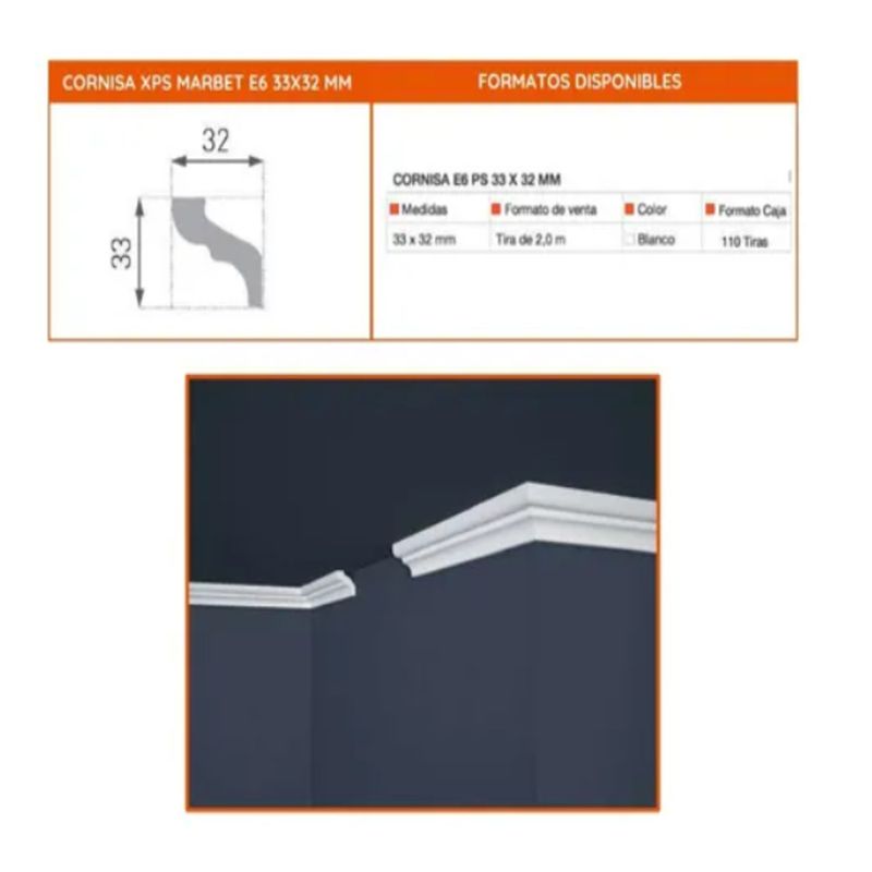Moldura Cornisa E6 33 X 32mm X 2mts Caja 110 Unidades - Dimaco