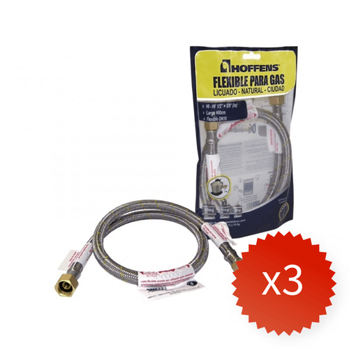 Pack 3 Flexibles Gas Hi-Hi 1/2 x 3/8" Hilo Izquierdo 1m Hoffens