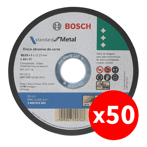 Pack 50 Discos Corte STD Metal 4 1/2" 115x1,0mm Bosch
