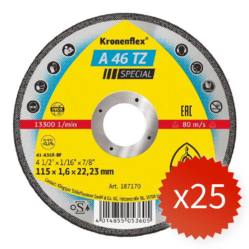 Pack 25 Discos de Corte Inox 4 1/2" x 1,6 mm A46 TZ Special Klingspor