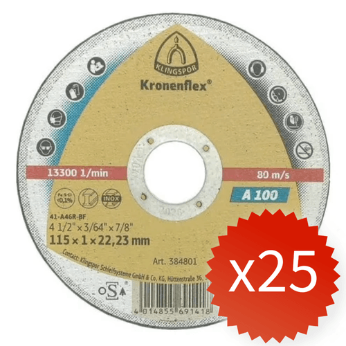Pack 25 Discos de Corte Inox 4 1/2" x 1 mm A100 Klingspor