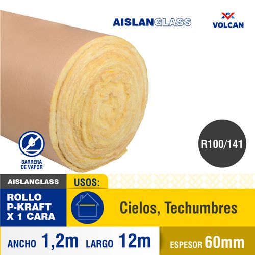 Lana De Vidrio Aislanglass 60 mm 1,20 m x 12 m 14,4 m² Rollo Papel Kraft Volcán