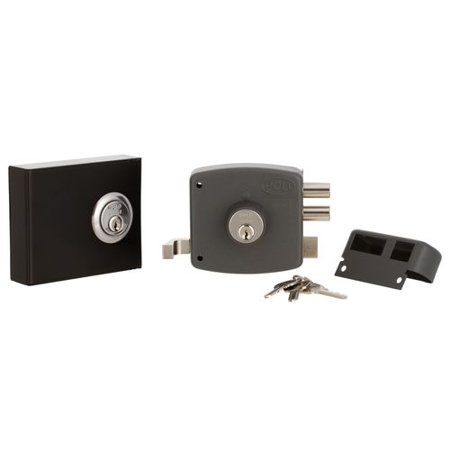 Cerradura Sobreponer Mecánica Chilena 2010 con Cerrojo + Caja Acceso para Reja Poli